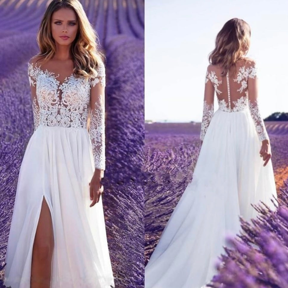 VESTIDO DE ENCAJE TRANSPARENTE DE MANGA LARGA