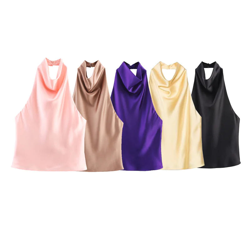 VESTIDO DE SATÉN CON CUELLO HALTER
