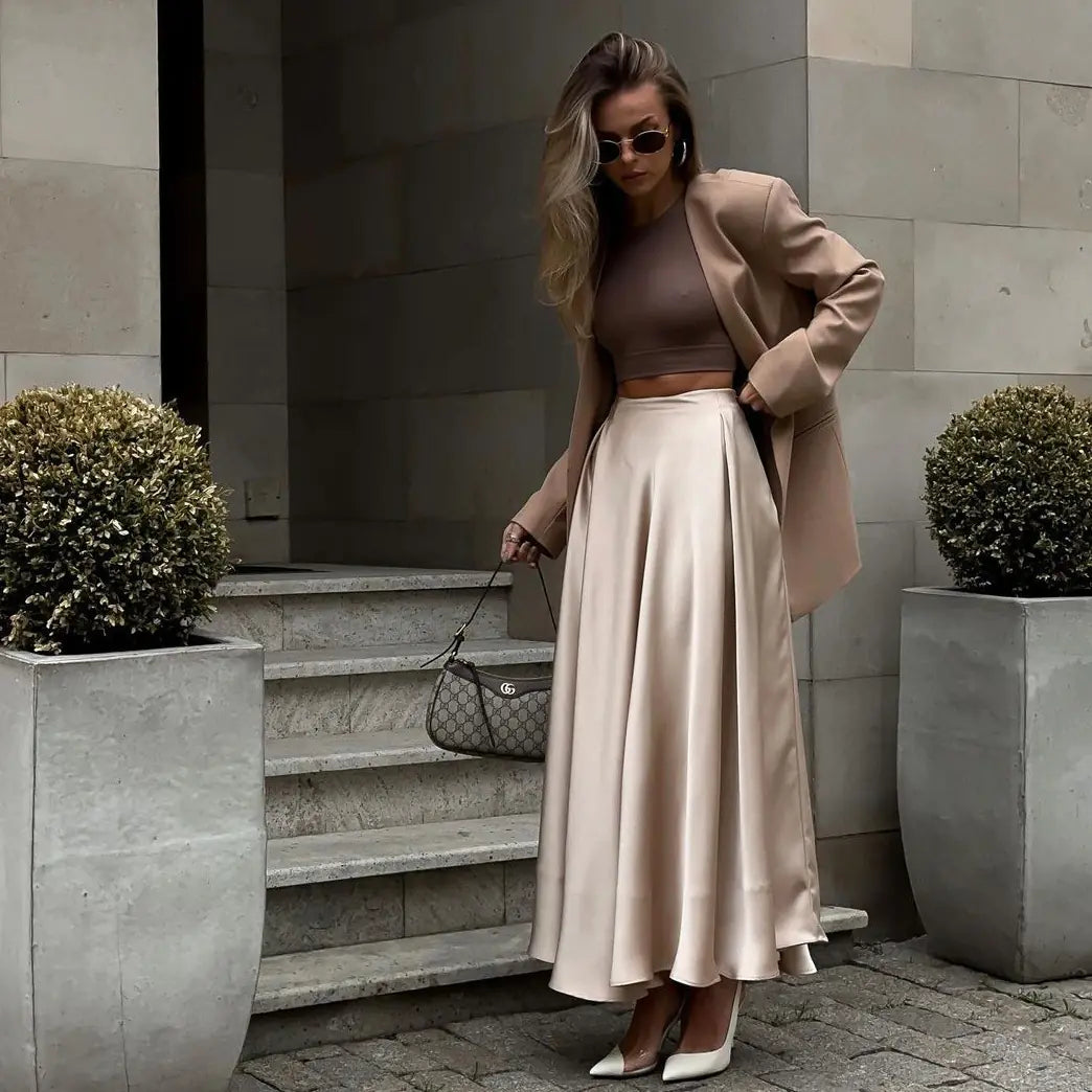2023 Summer Elegant High Waist Satin Maxi Skirt