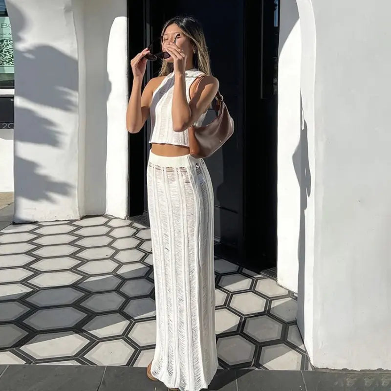 CONJUNTO DE CHALECO TRANSPARENTE Y FALDA DE CINTURA ALTA