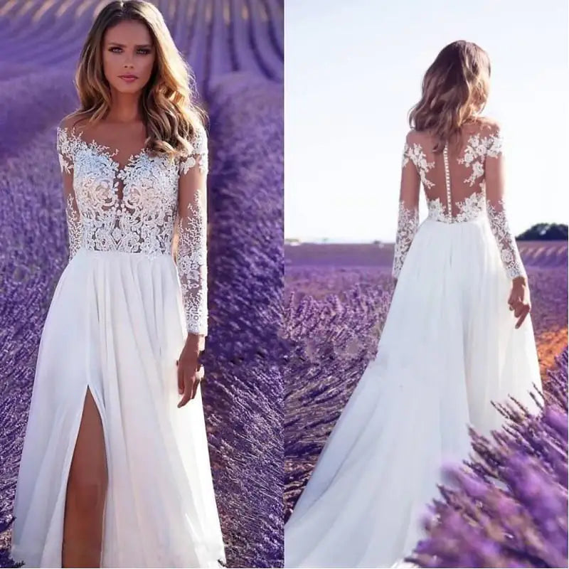 VESTIDO DE ENCAJE TRANSPARENTE DE MANGA LARGA