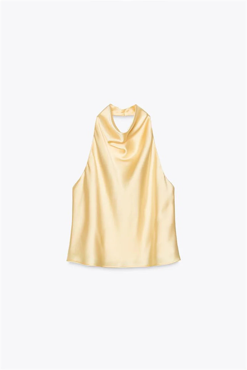 VESTIDO DE SATÉN CON CUELLO HALTER
