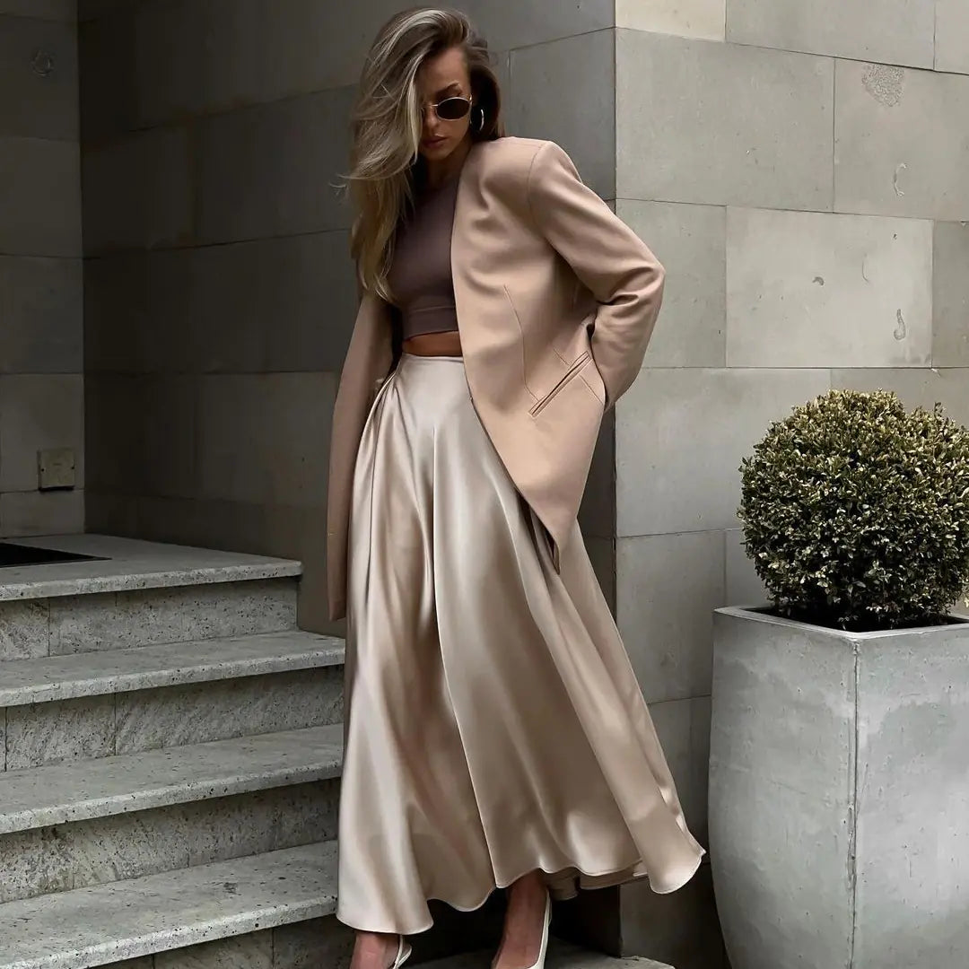 2023 Summer Elegant High Waist Satin Maxi Skirt